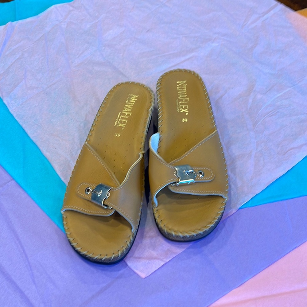 NovaFlex slippers from Europe. Slip on shoes, size 8, wedge, tan colored, summer